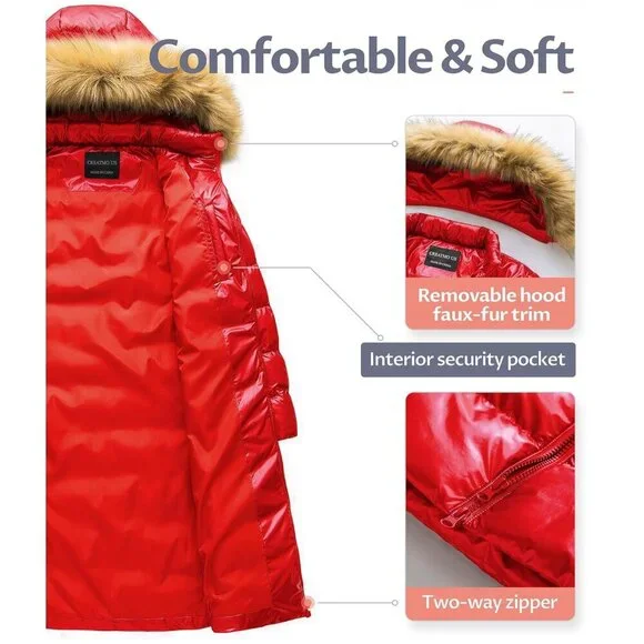 Women's Long Winter Faux Fur Coat Puffer Warm Jacket with Detachable Hood - Picture 3 of 6